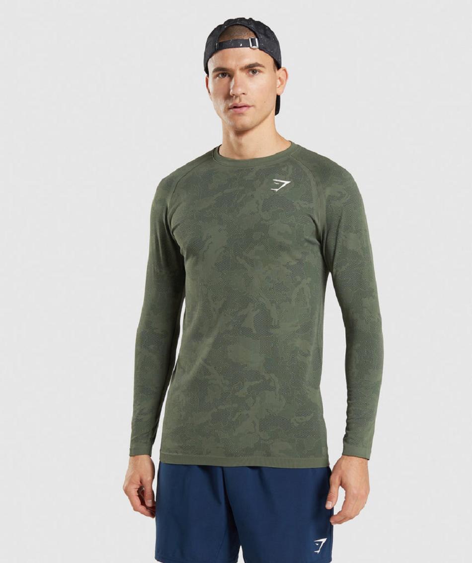 Long Sleeve Gymshark Geo Seamless Hombre Verde Oliva Negras | CO 3503UZG